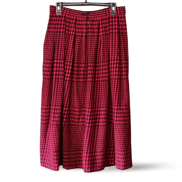Vintage 80s 100% wool Liz Claiborne Red and navy Checkered A-Line Midi Skirt - Picture 4 of 4